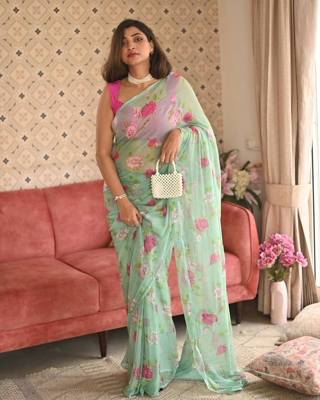 Light Green Digital Georgette Pink Floral Flowers Printed Saree