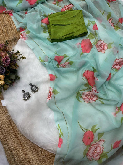 Light Green Digital Georgette Pink Floral Flowers Printed Saree