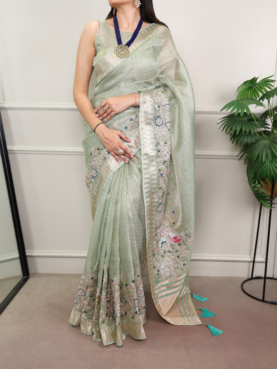 Light Green Zari Kota Tissue Embroidery Beads Zari Weaving Work With Saree