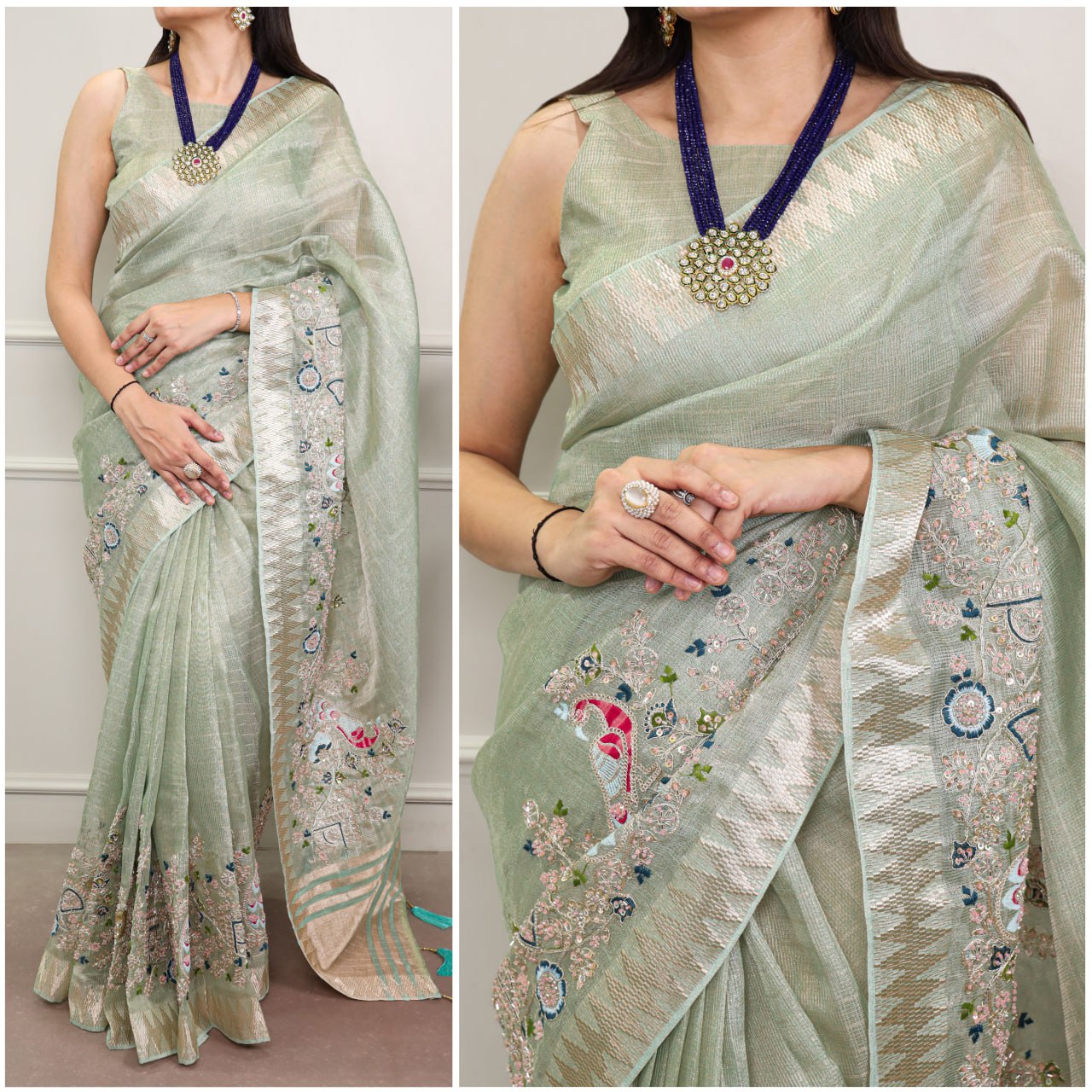 Light Green Zari Kota Tissue Embroidery Beads Zari Weaving Work With Saree