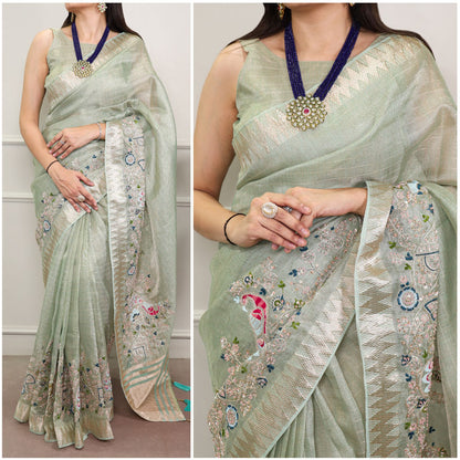Light Green Zari Kota Tissue Embroidery Beads Zari Weaving Work With Saree