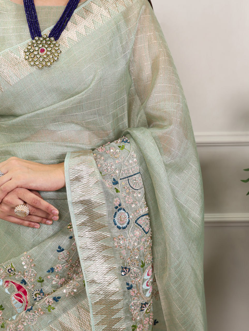 Light Green Zari Kota Tissue Embroidery Beads Zari Weaving Work With Saree