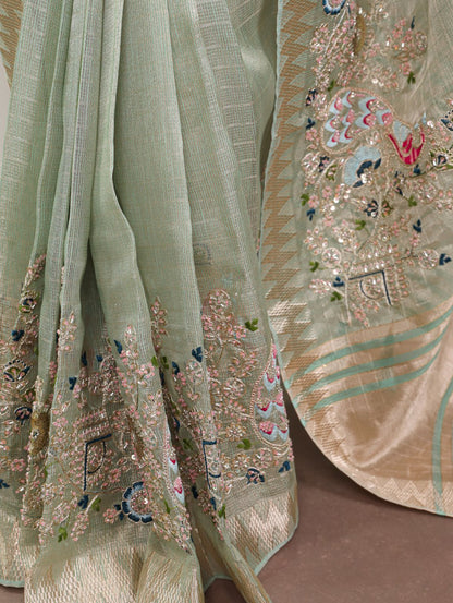 Light Green Zari Kota Tissue Embroidery Beads Zari Weaving Work With Saree