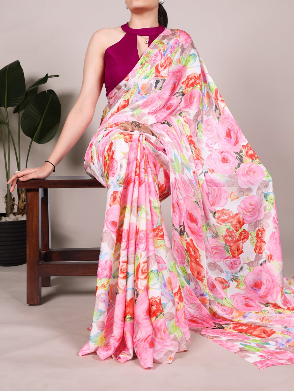 Light Pink Dull Satin Floral Printed Saree with Moonga Silk Blouse