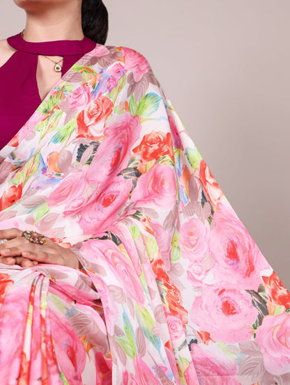 Light Pink Dull Satin Floral Printed Saree with Moonga Silk Blouse