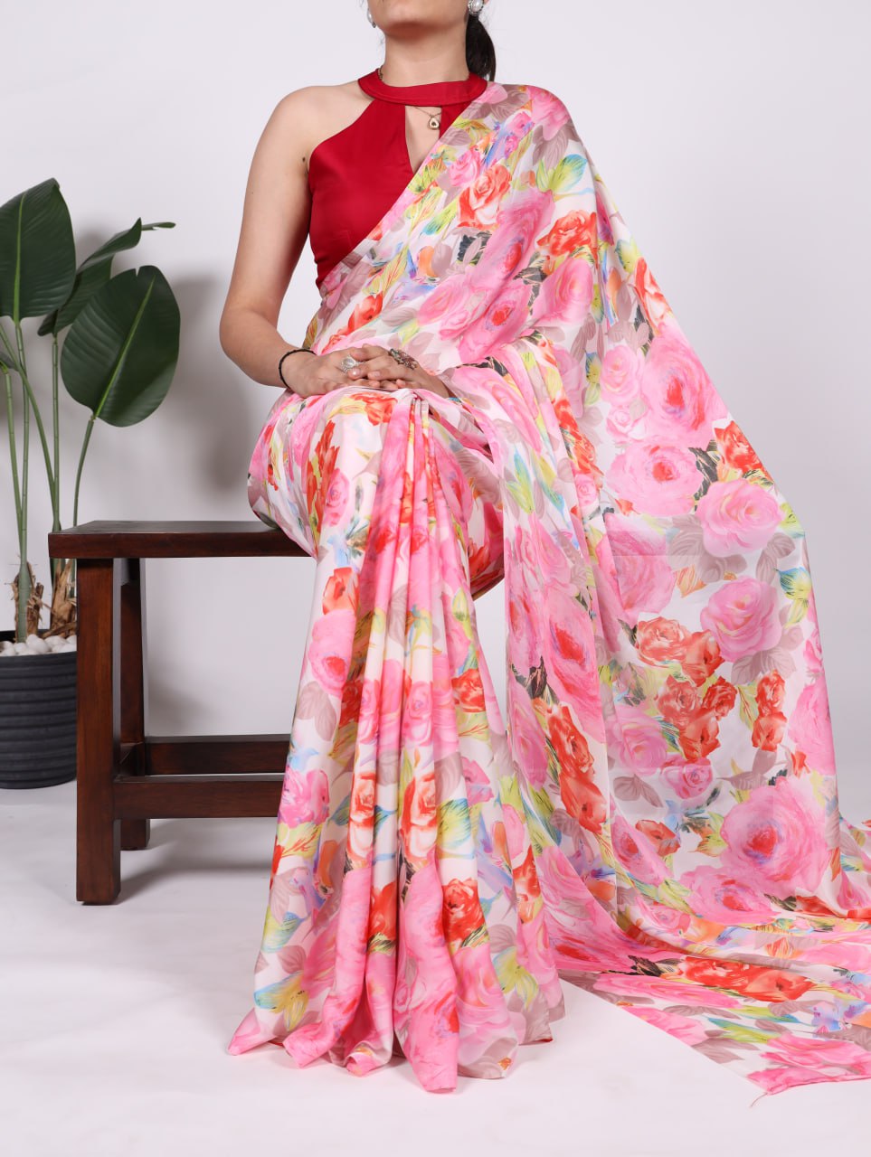 Light Pink Dull Satin Floral Printed Saree with Moonga Silk Blouse