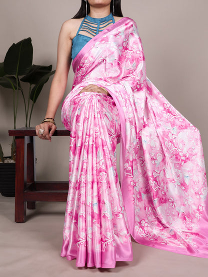 Light Pink Satin Silk Printed Saree with Fabric Elegant Banglory Blouse 
