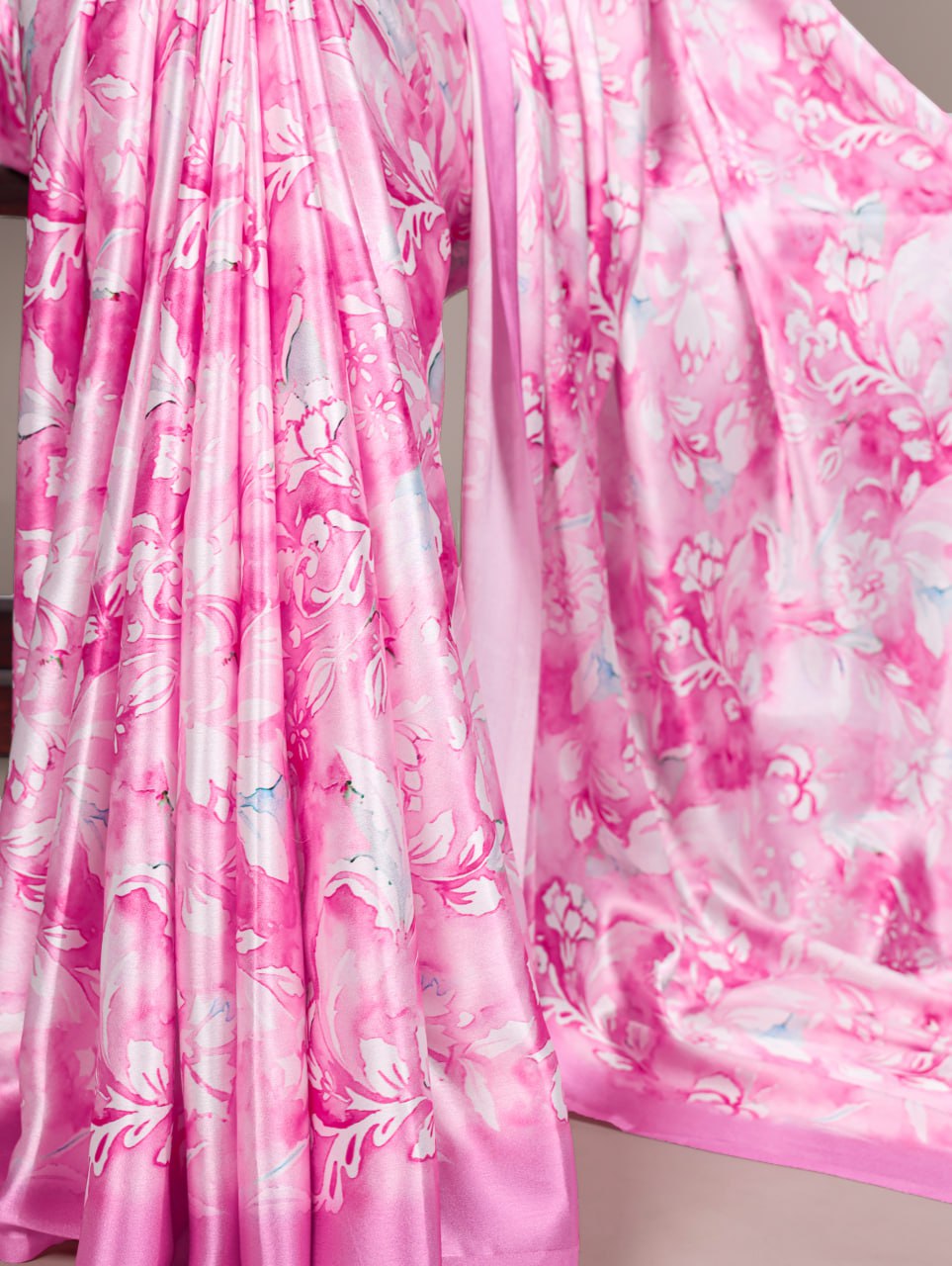 Light Pink Satin Silk Printed Saree with Fabric Elegant Banglory Blouse 