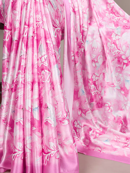 Light Pink Satin Silk Printed Saree with Fabric Elegant Banglory Blouse 