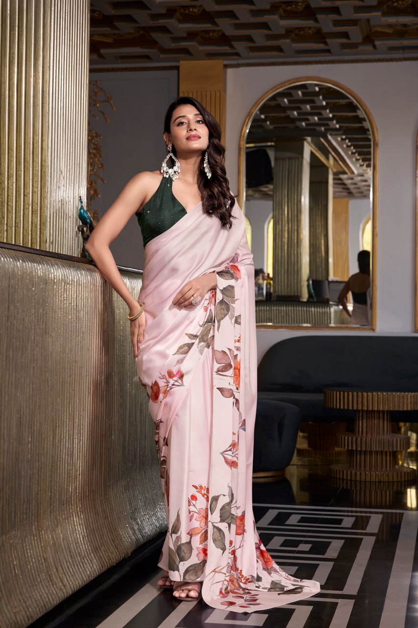 Light Pink Satin Silk Printes Saree with Moonga Silk Hotfix with Green Blouse