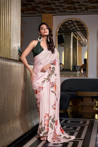 Light Pink Satin Silk Printes Saree with Moonga Silk Hotfix with Green Blouse