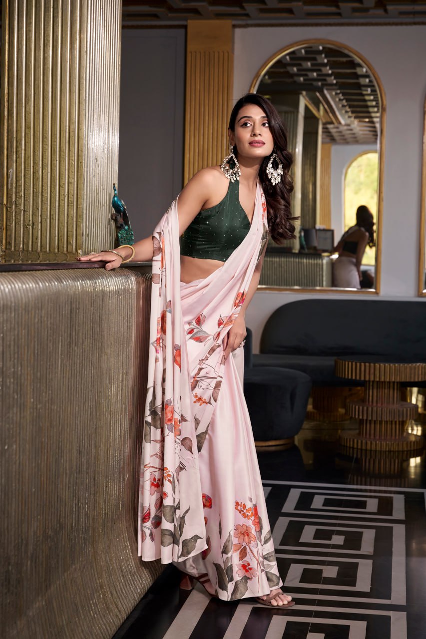 Light Pink Satin Silk Printes Saree with Moonga Silk Hotfix with Green Blouse