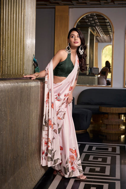 Light Pink Satin Silk Printes Saree with Moonga Silk Hotfix with Green Blouse