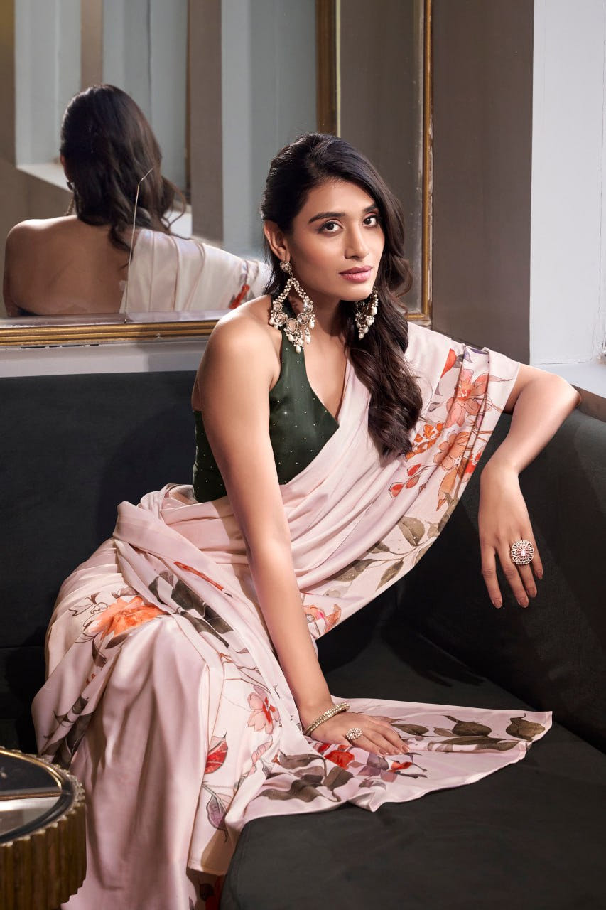 Light Pink Satin Silk Printes Saree with Moonga Silk Hotfix with Green Blouse