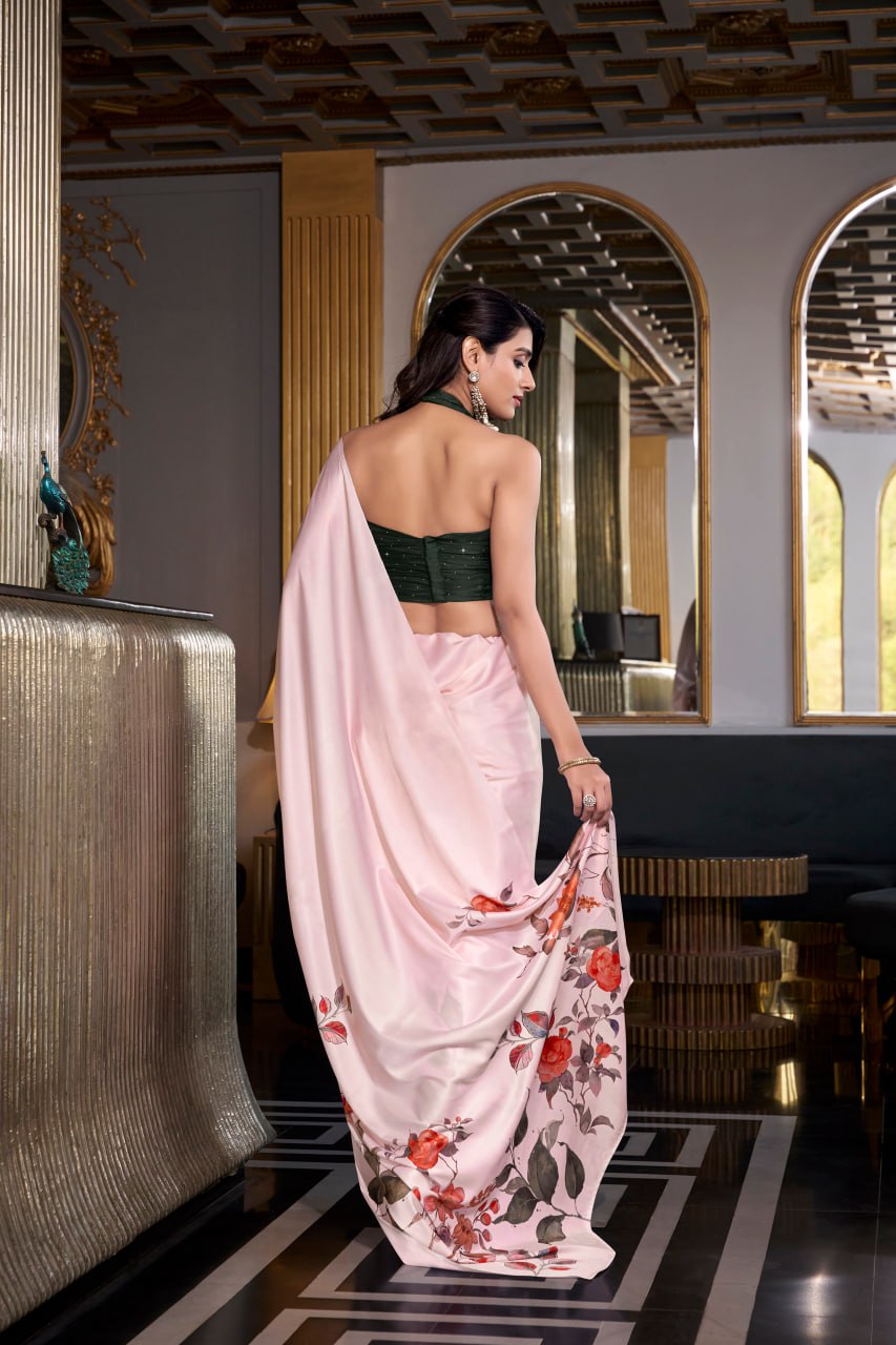 Light Pink Satin Silk Printes Saree with Moonga Silk Hotfix with Green Blouse