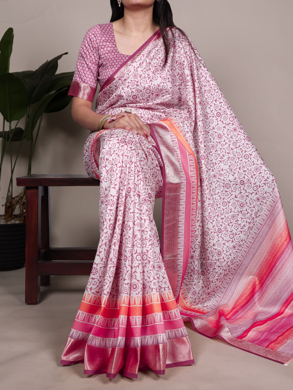 Light Pink Tasar Silk Printed Saree with Shimmering Viscose Red Border