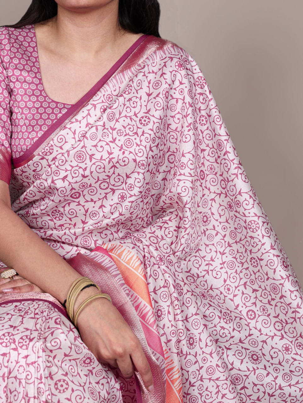 Light Pink Tasar Silk Printed Saree with Shimmering Viscose Red Border