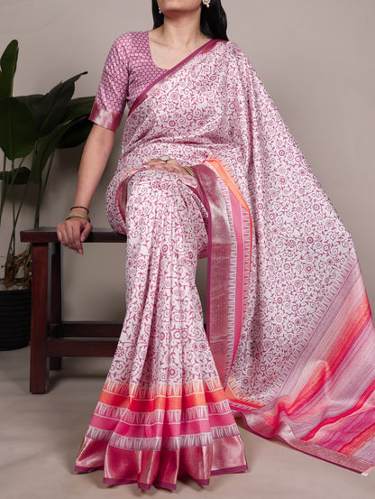 Light Pink Tasar Silk Printed Saree with Shimmering Viscose Red Border