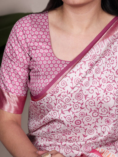 Light Pink Tasar Silk Printed Saree with Shimmering Viscose Red Border