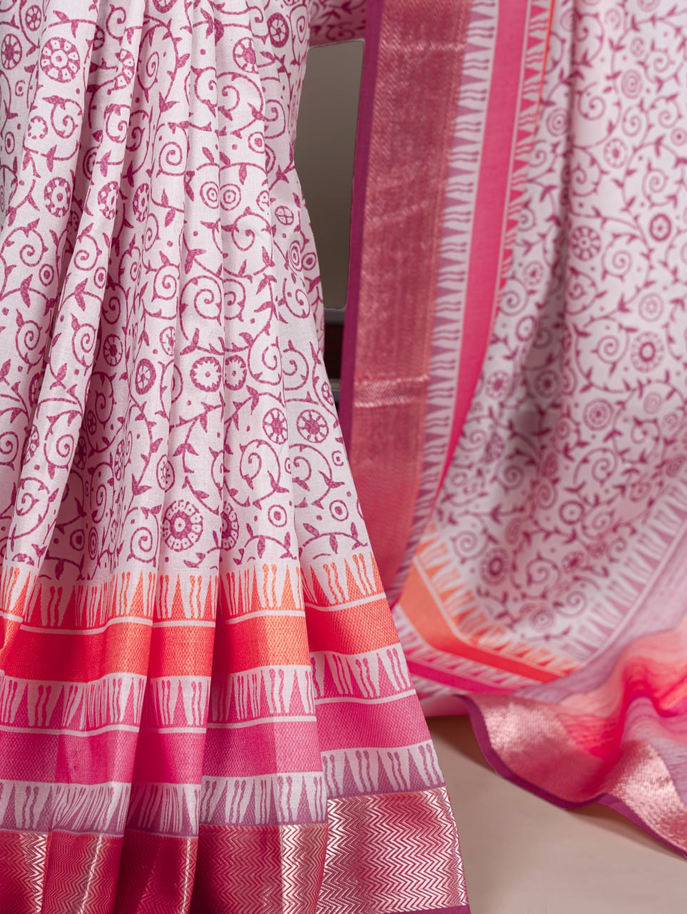 Light Pink Tasar Silk Printed Saree with Shimmering Viscose Red Border