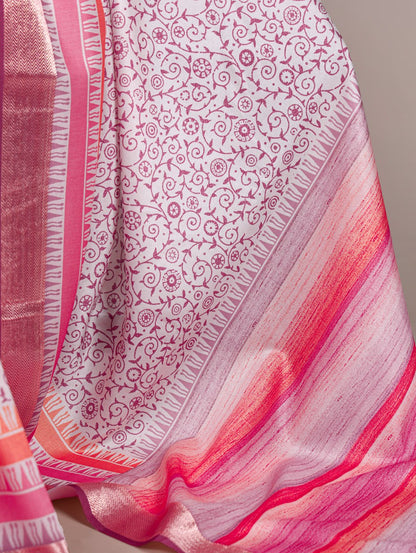 Light Pink Tasar Silk Printed Saree with Shimmering Viscose Red Border