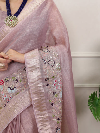  Light Pink Zari Kota Tissue Embroidery Beads Zari Weaving Work With Saree