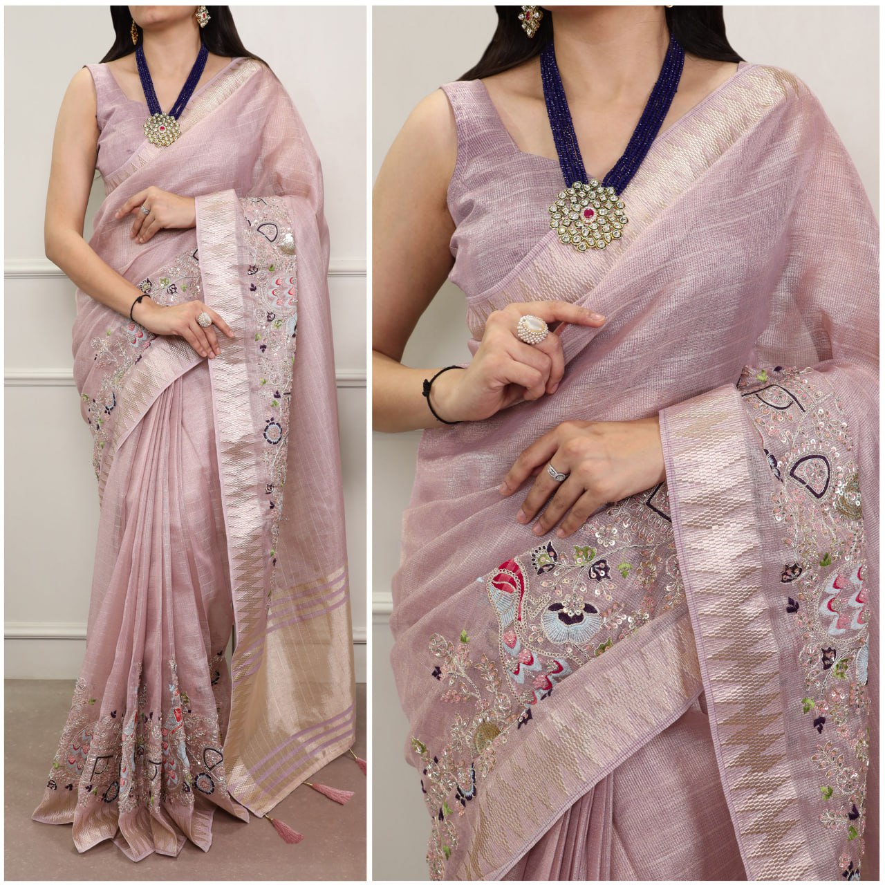  Light Pink Zari Kota Tissue Embroidery Beads Zari Weaving Work With Saree