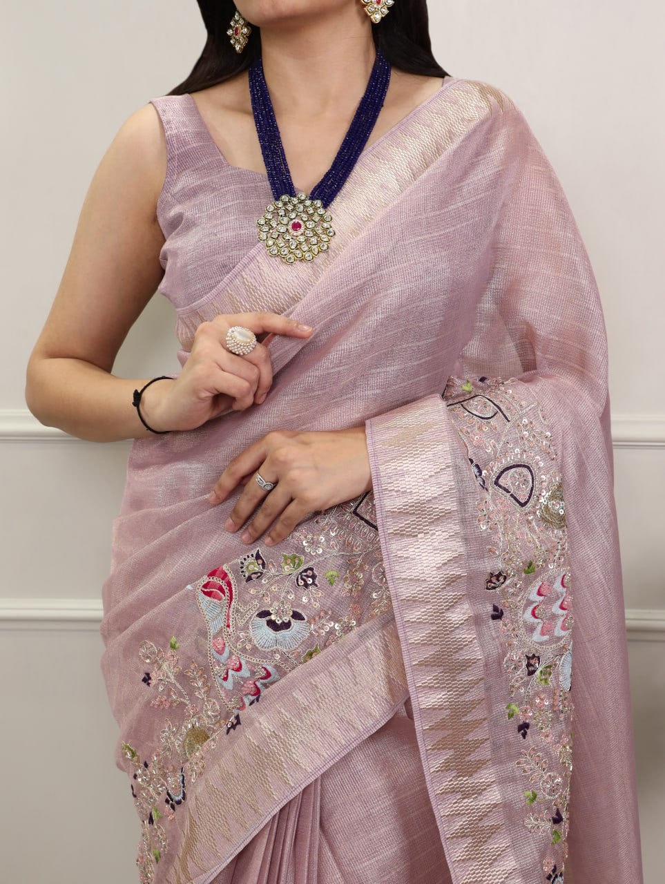  Light Pink Zari Kota Tissue Embroidery Beads Zari Weaving Work With Saree