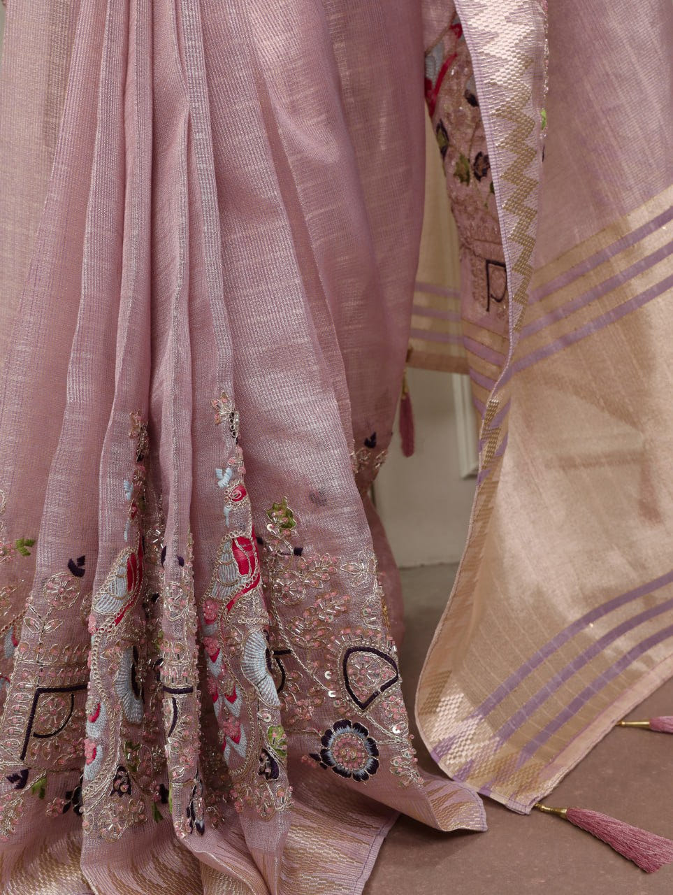  Light Pink Zari Kota Tissue Embroidery Beads Zari Weaving Work With Saree