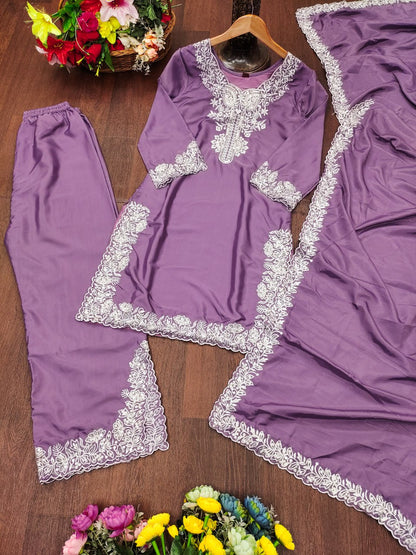 Light Purple Natural Crepe Sequins Embroidered Palazzo Suit Dupatta