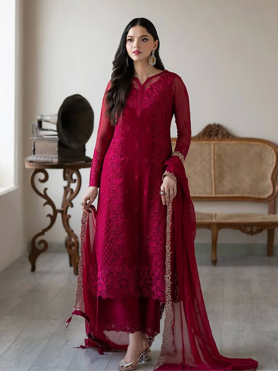 Magenta Faux Georgette Pakistani Palazzo Suit – Ready to Wear Designer Outfit