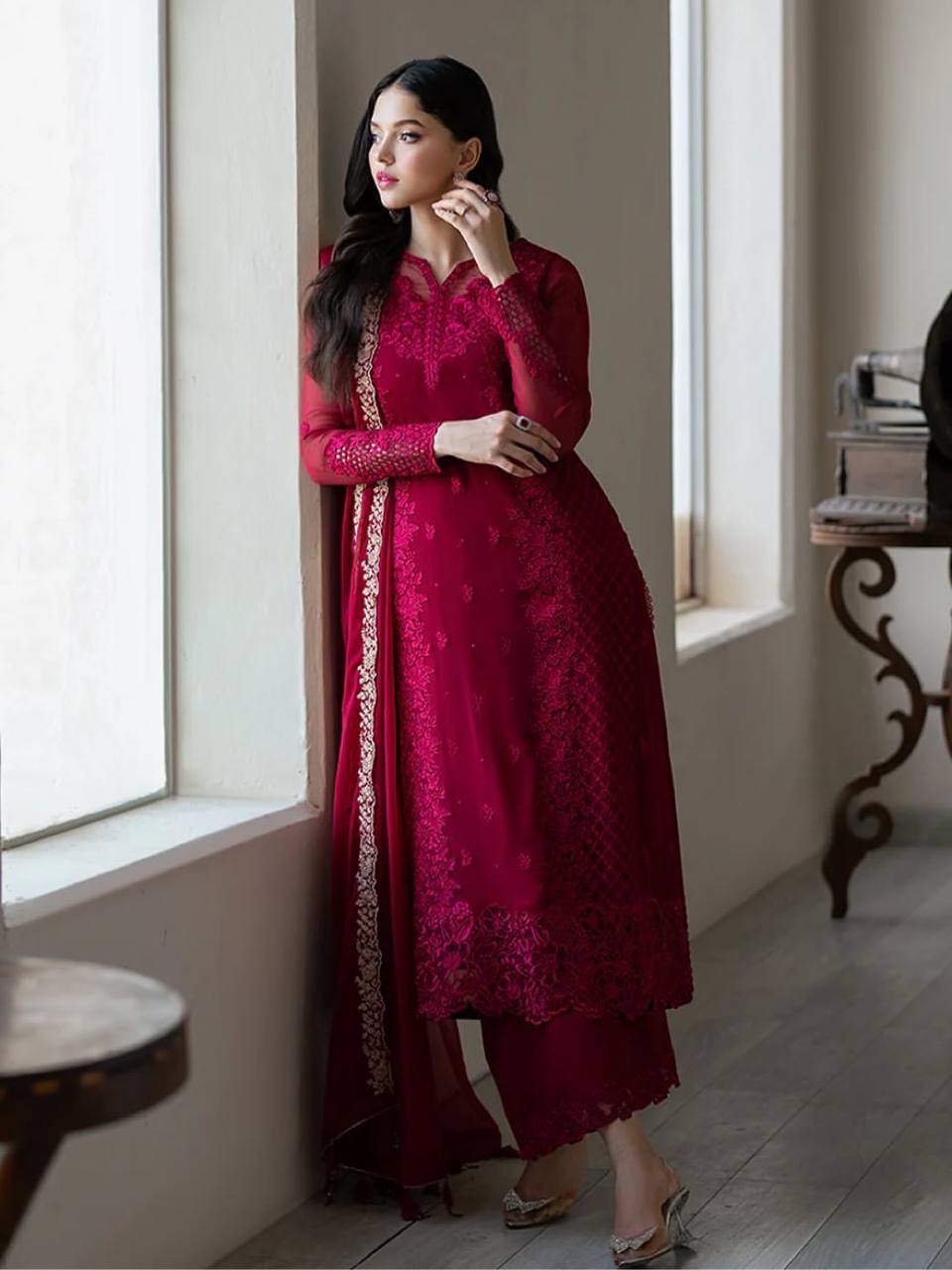 Magenta Faux Georgette Pakistani Palazzo Suit – Ready to Wear Designer Outfit