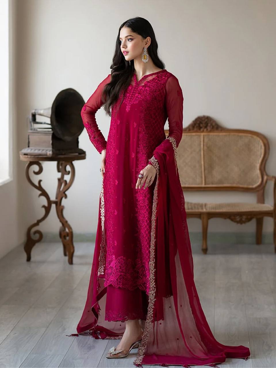Magenta Faux Georgette Pakistani Palazzo Suit – Ready to Wear Designer Outfit
