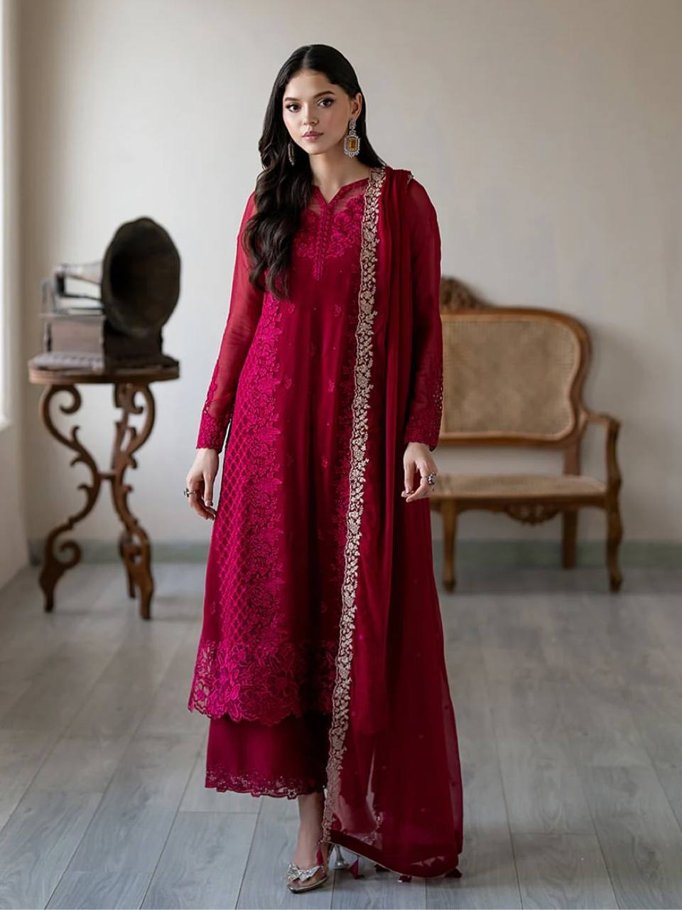 Magenta Faux Georgette Pakistani Palazzo Suit – Ready to Wear Designer Outfit 