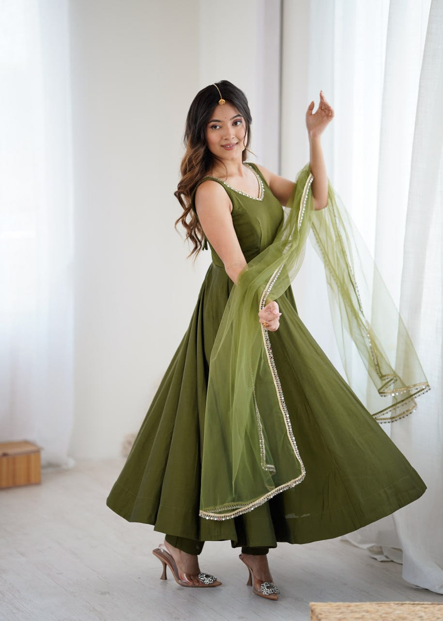 Mahendi Roman Silk Chanderi Anarkali Suit with Mirror-Lace Net Dupatta