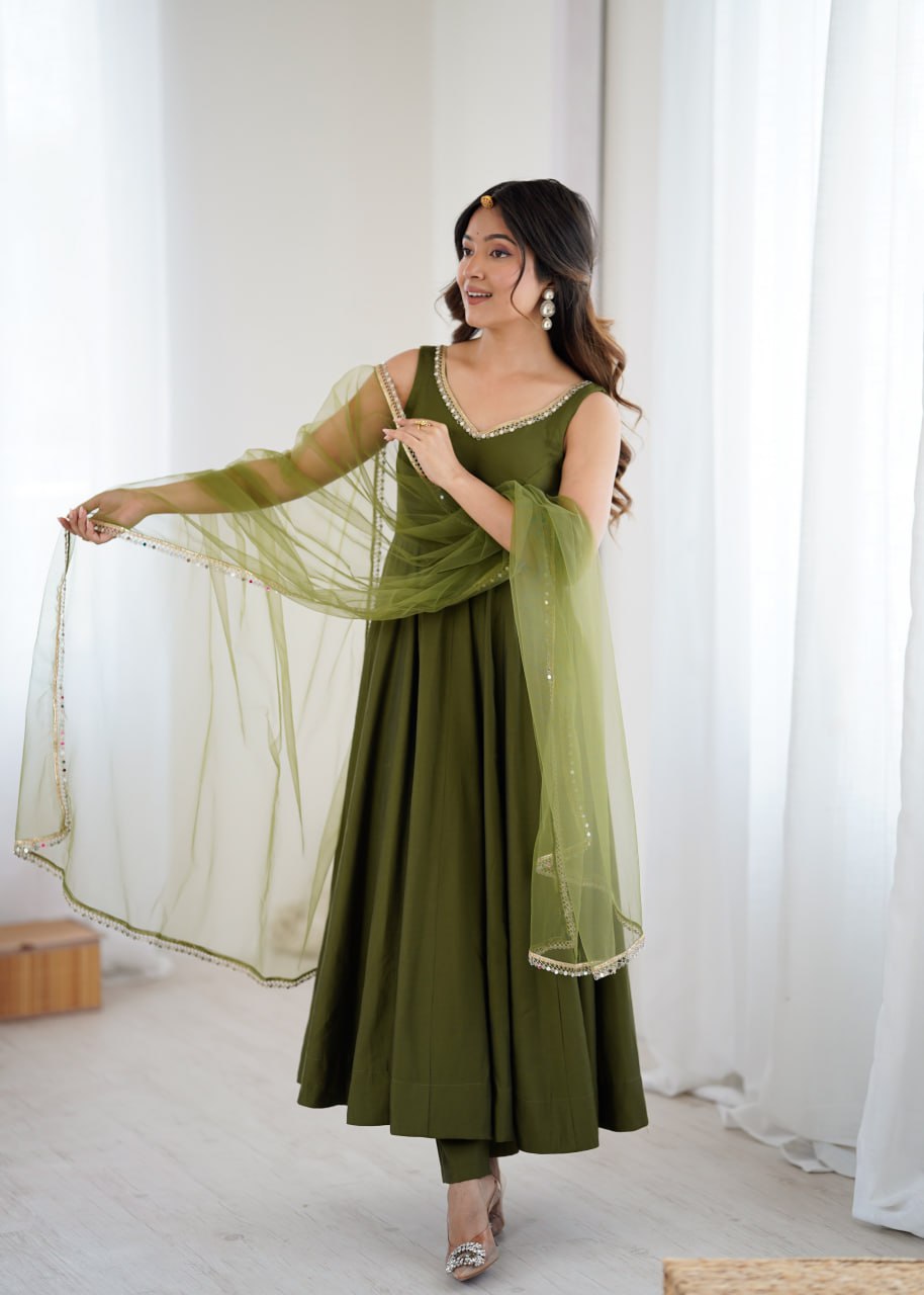 Mahendi Roman Silk Chanderi Anarkali Suit with Mirror-Lace Net Dupatta -08
