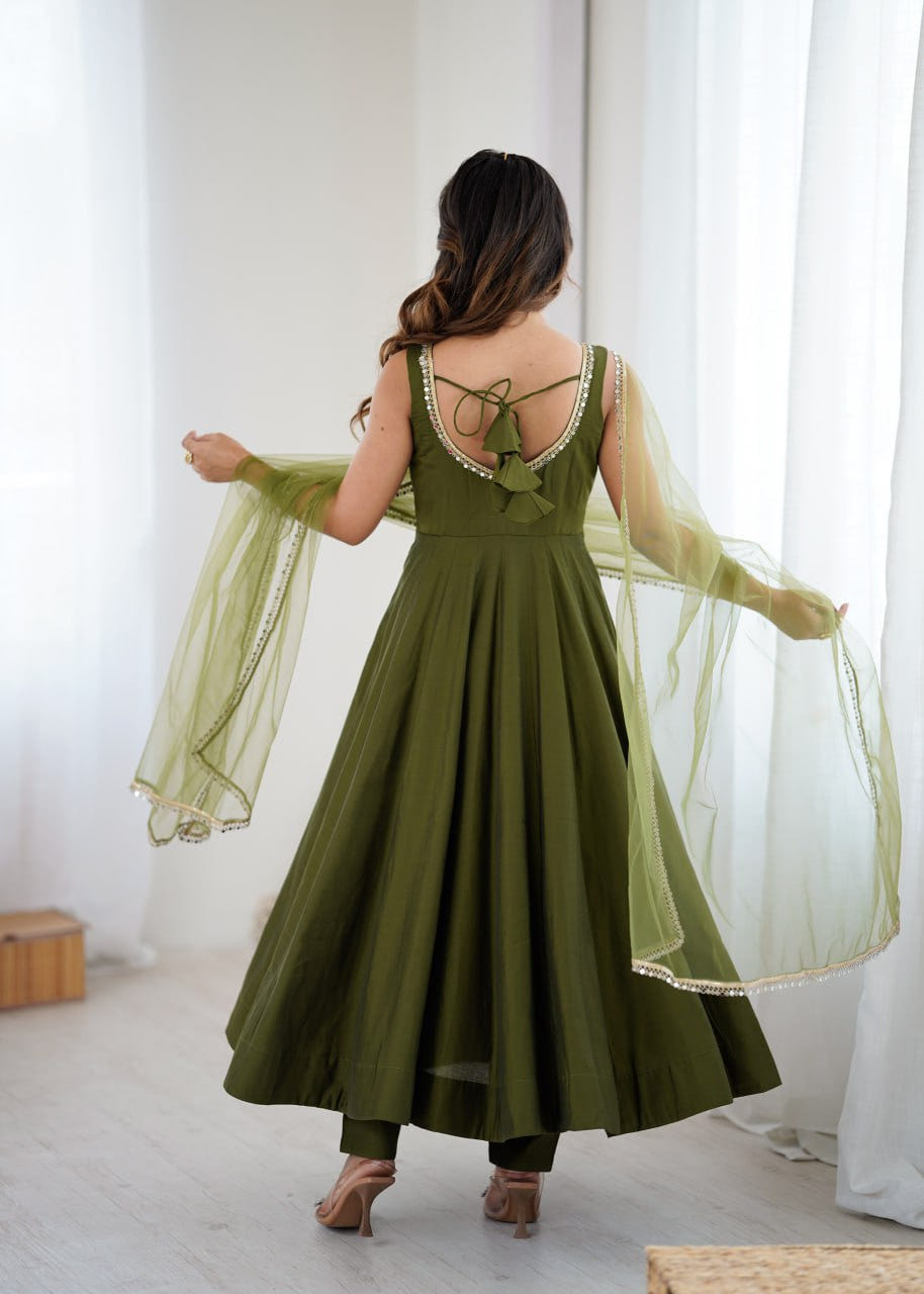 Mahendi Roman Silk Chanderi Anarkali Suit with Mirror-Lace Net Dupatta -09
