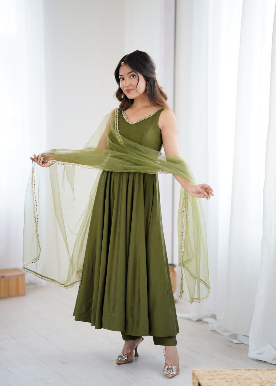 Mahendi Roman Silk Chanderi Anarkali Suit with Mirror-Lace Net Dupatta -010