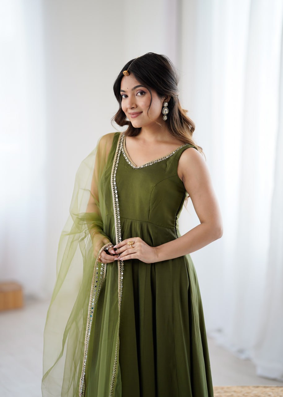 Mahendi Roman Silk Chanderi Anarkali Suit with Mirror-Lace Net Dupatta -011