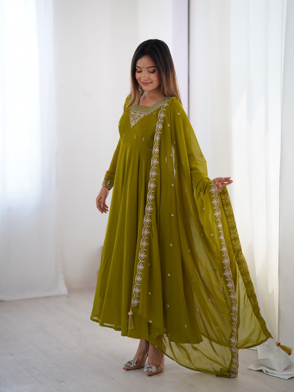  MAHENDIGREEN Premium Georgette Embroidered Anarkali Suit Beads–Zari Dupatta