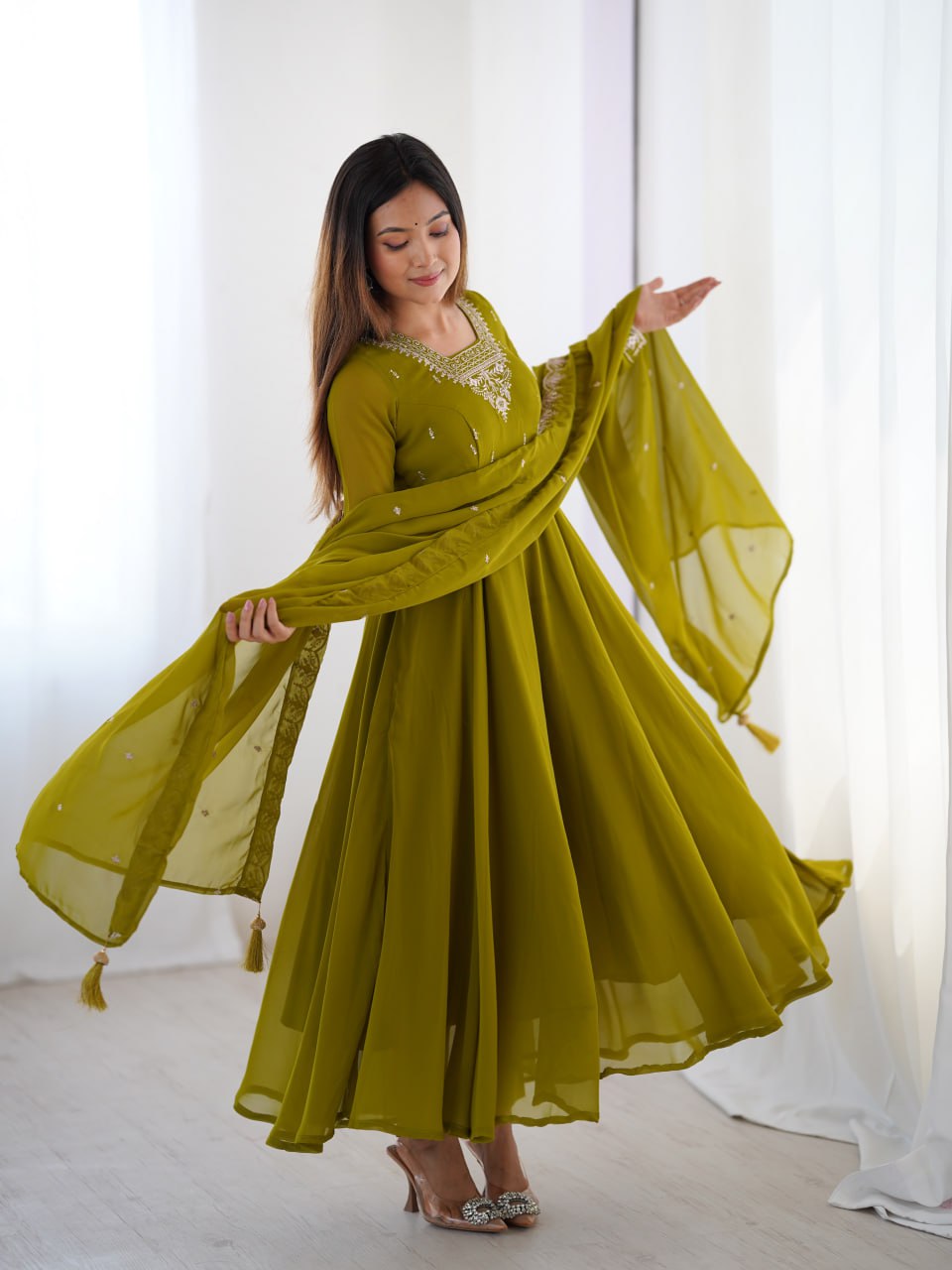  MAHENDIGREEN Premium Georgette Embroidered Anarkali Suit Beads–Zari Dupatta