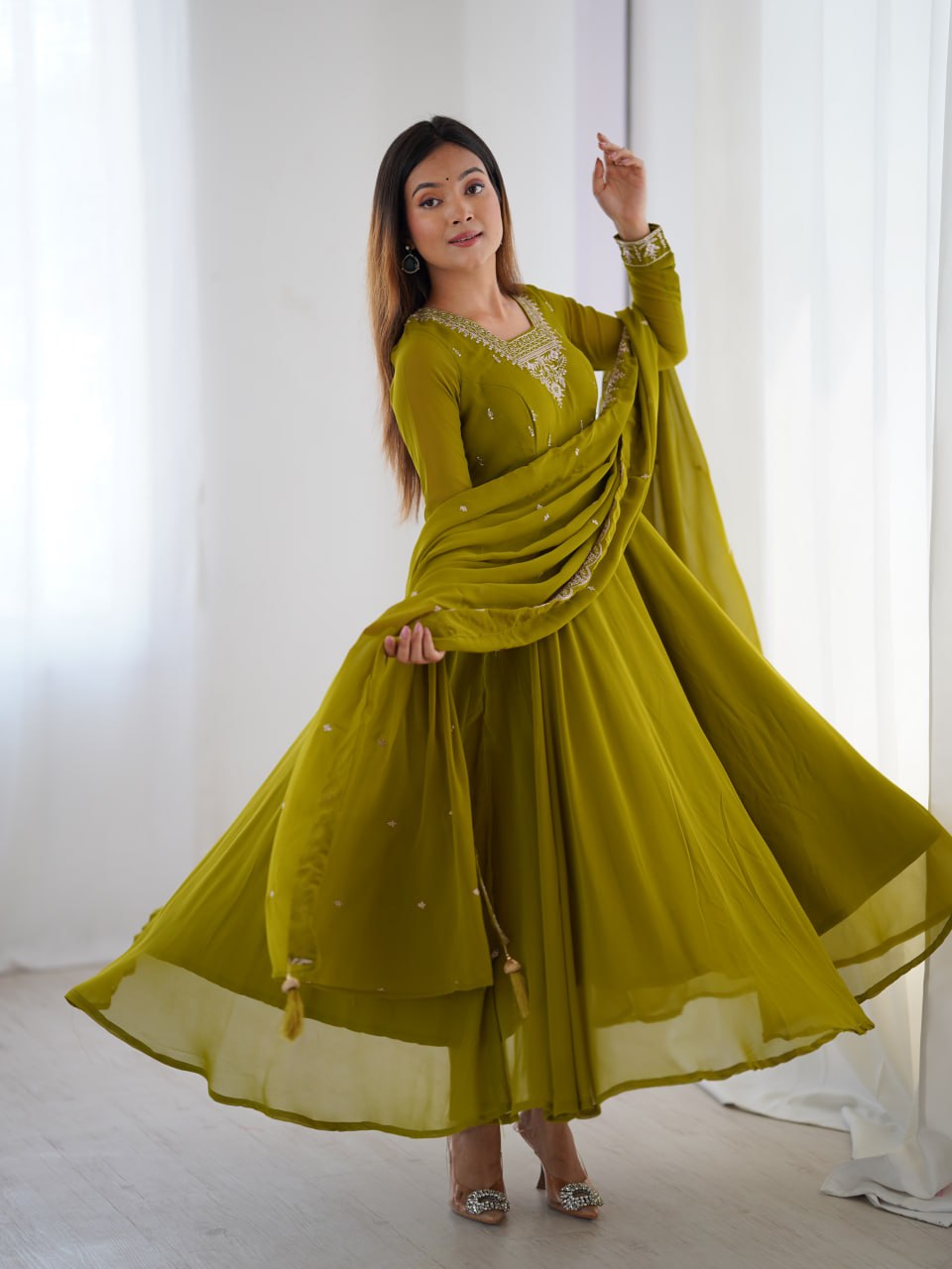  MAHENDIGREEN Premium Georgette Embroidered Anarkali Suit Beads–Zari Dupatta