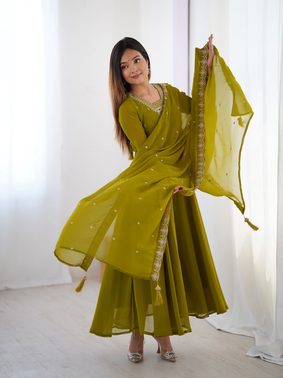  MAHENDIGREEN Premium Georgette Embroidered Anarkali Suit Beads–Zari Dupatta