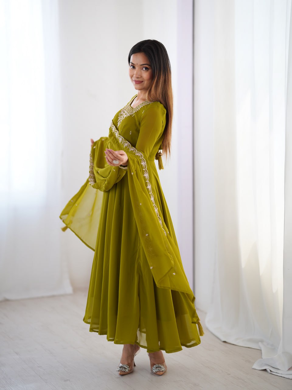  MAHENDIGREEN Premium Georgette Embroidered Anarkali Suit Beads–Zari Dupatta