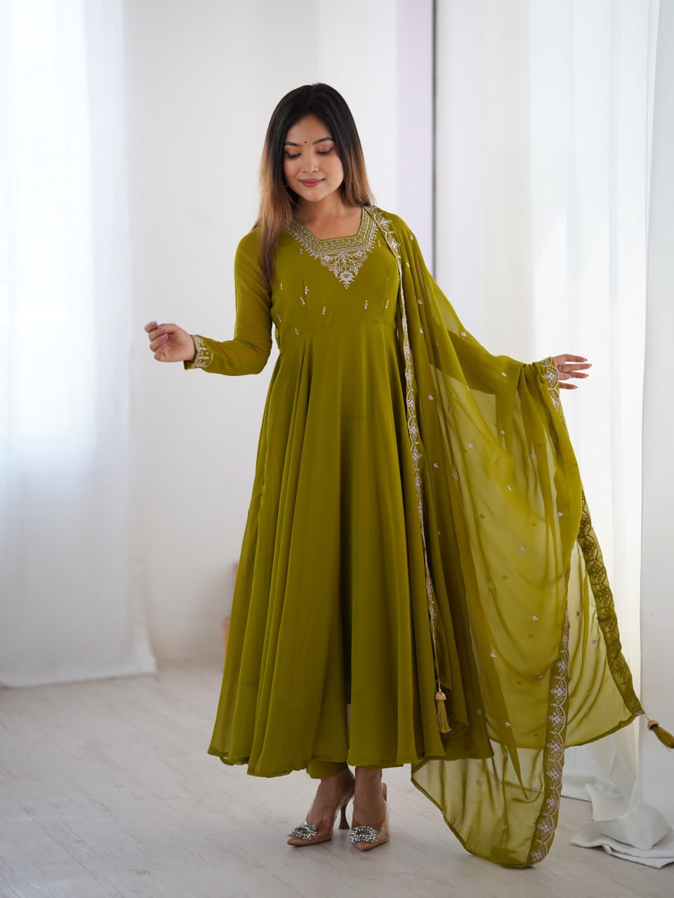  MAHENDIGREEN Premium Georgette Embroidered Anarkali Suit Beads–Zari Dupatta