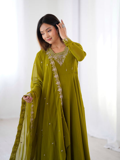  MAHENDIGREEN Premium Georgette Embroidered Anarkali Suit Beads–Zari Dupatta