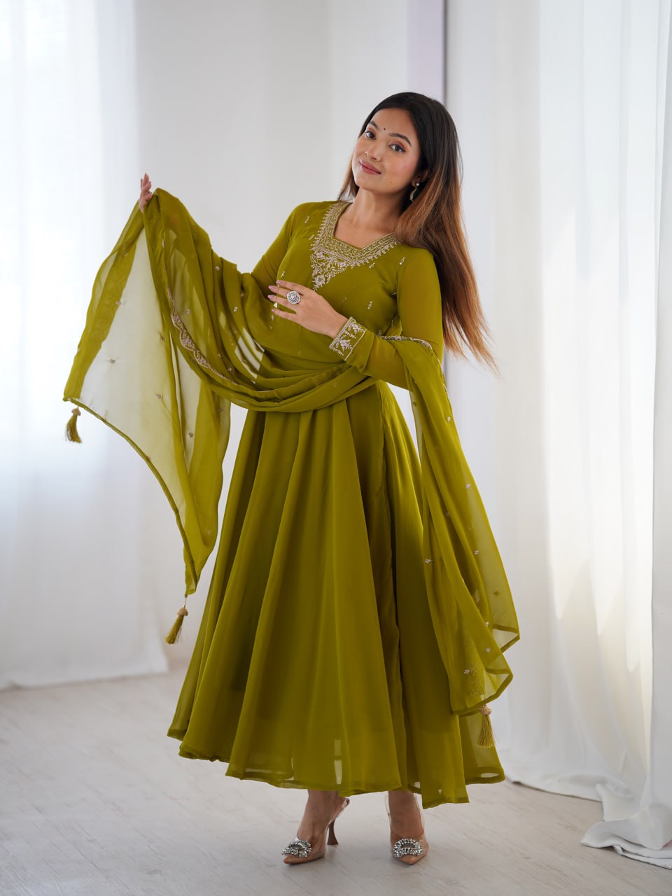  MAHENDIGREEN Premium Georgette Embroidered Anarkali Suit Beads–Zari Dupatta