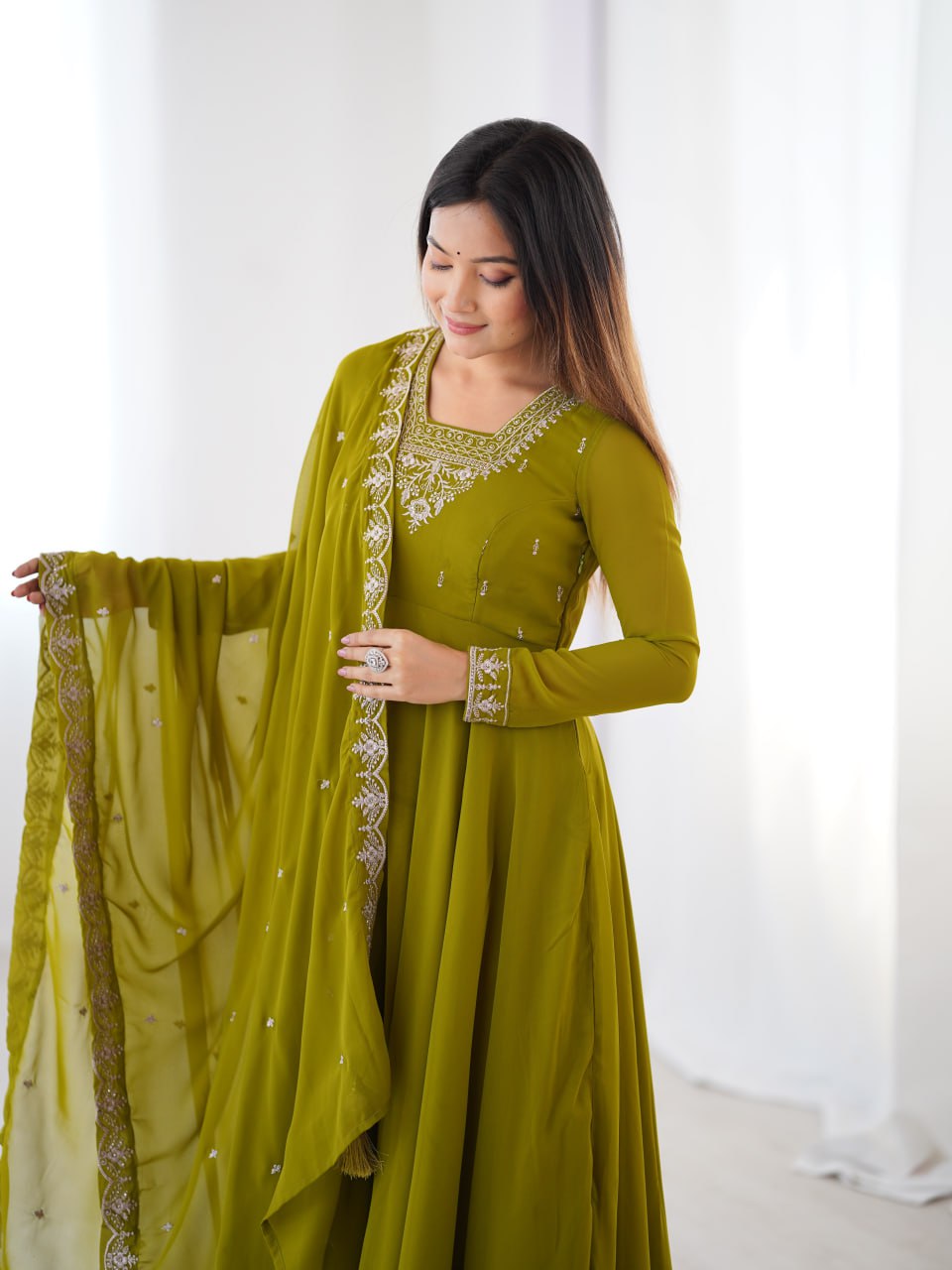  MAHENDIGREEN Premium Georgette Embroidered Anarkali Suit Beads–Zari Dupatta