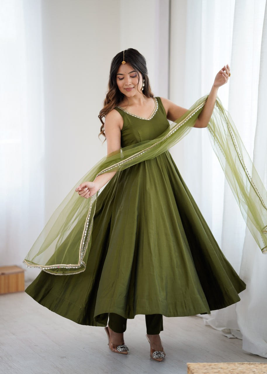 Mahendi Roman Silk Chanderi Anarkali Suit with Mirror-Lace Net Dupatta