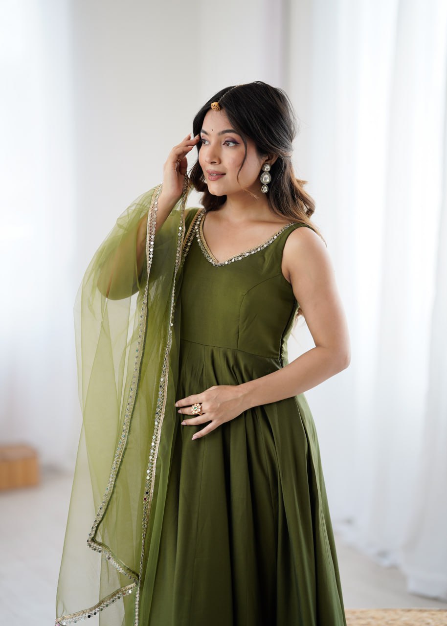 Mahendi Roman Silk Chanderi Anarkali Suit with Mirror-Lace Net Dupatta
